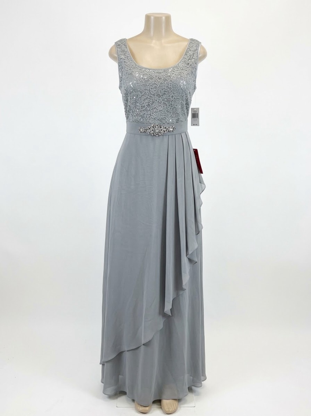Elegant Gray Lace & Chiffon Evening Dress with Beaded Waist